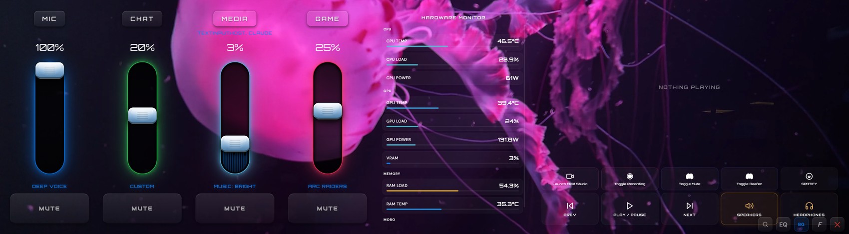 AuraLink running on the Xeneon Edge — four Sonar channel sliders (Mic, Chat, Media, Game), mute buttons, and live level meters