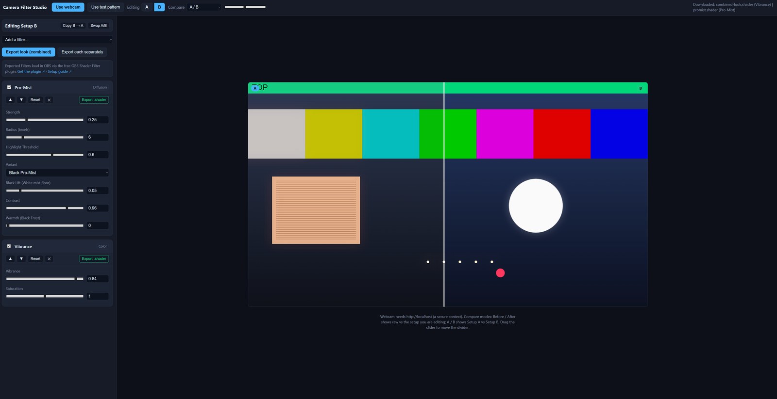 Camera Filter Studio — the browser tool: a filter stack (Pro-Mist, Vibrance) with live sliders on the left, and an A/B split-screen preview on the right