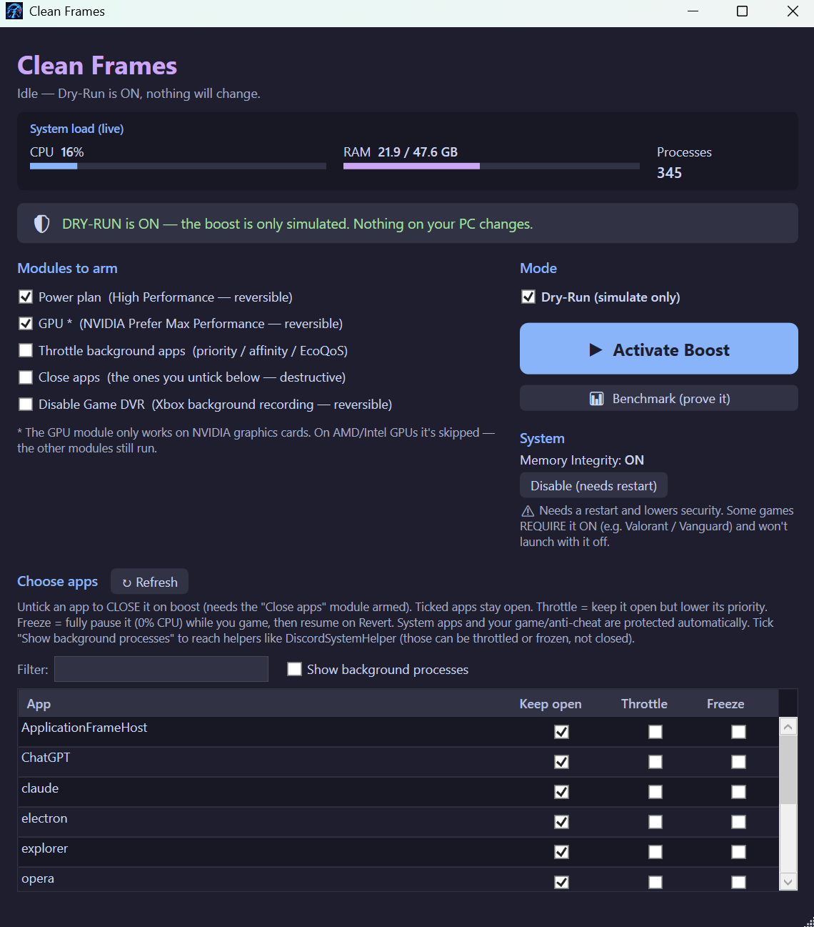 Clean Frames — the one-toggle game boost window, Dry-Run on