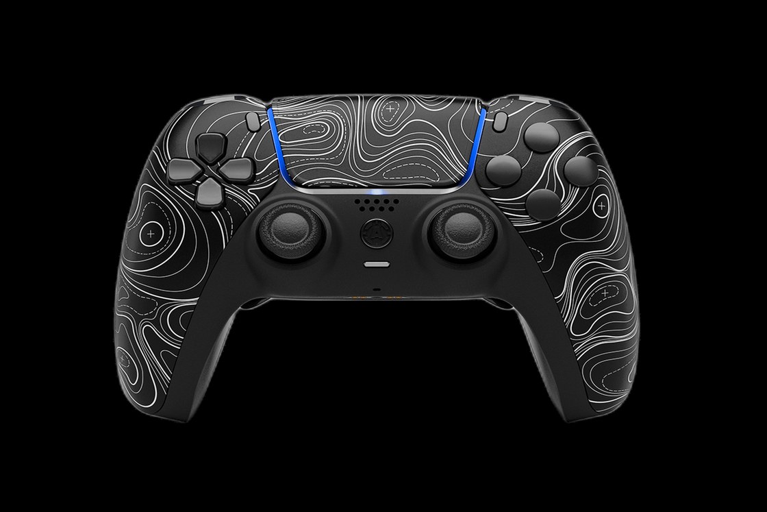 A PS5 DualSense with a custom topographic skin and back paddles, rendered in the overlay studio