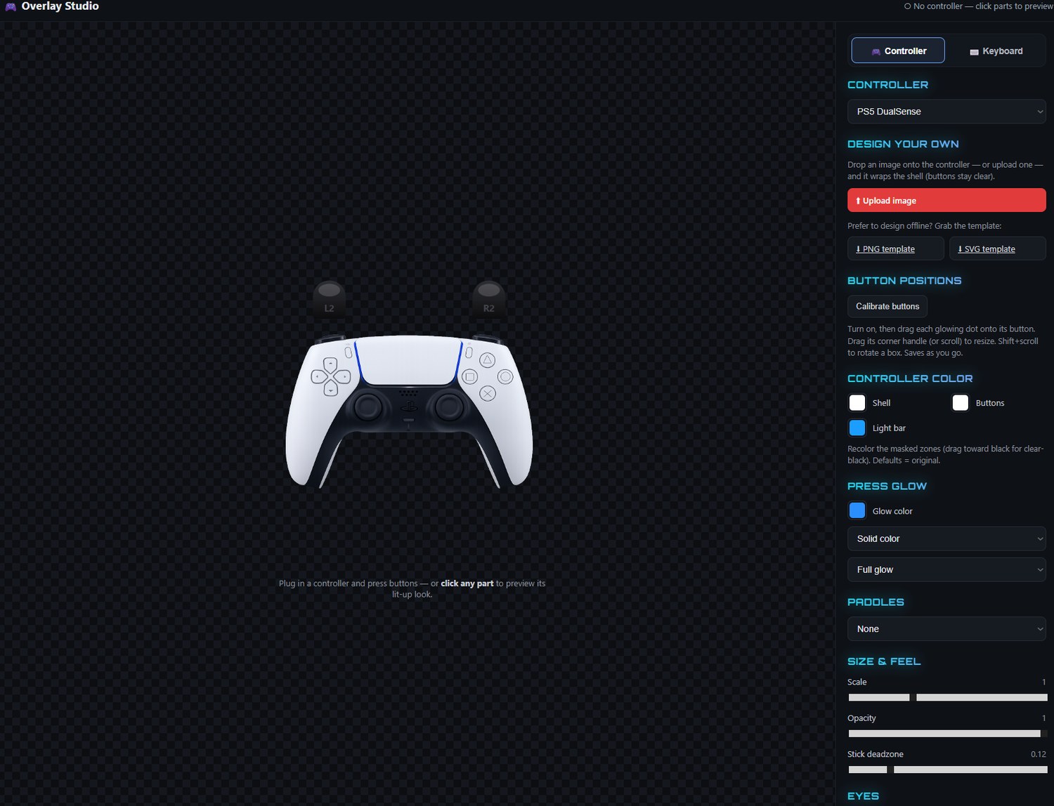 The Reactive Overlay studio — a PS5 DualSense with the live customizer panel: controller picker, skins, recolor, paddles, press-glow